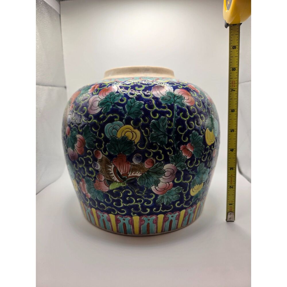 Vintage Chinese Ceramic Vase Blue Floral Butterfly Motif Multicolor Enamel Style - Picture 10 of 11